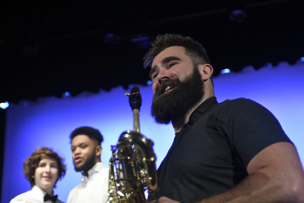 Kelce performs with Alma Mater Super Bowl Champion and Philadelphia Eagles center Jason Kelce joins the jazz band of his alma mater, Cleveland Heights High School, on stage during a music exchange program visit at Central High School in Philadelphia, Pa. on Feb. 22, 2018. (Bastiaan Slabbers/for WHYY)
