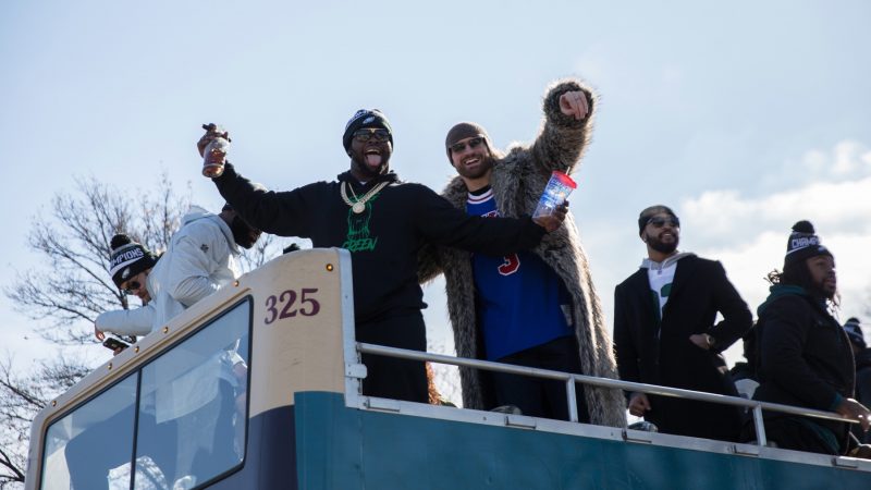 Philadelphia Eagles players celebrate on Broad Street during the Super Bowl Championship parade on Feb. 8, 2018. (Lindsay Lazarski/WHYY)