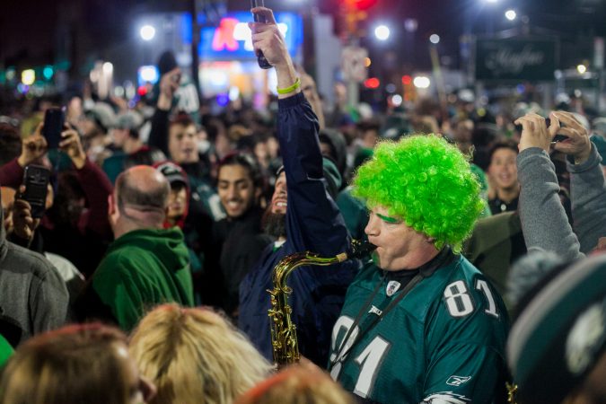 Fans in Northeast Philadelphia flooded Frankford and Cottman Avenue after the Eagles 41-33 win over the New England Patriots to become the 2018 Super Bowl Champions Sunday night. (Brad Larrison for WHYY)