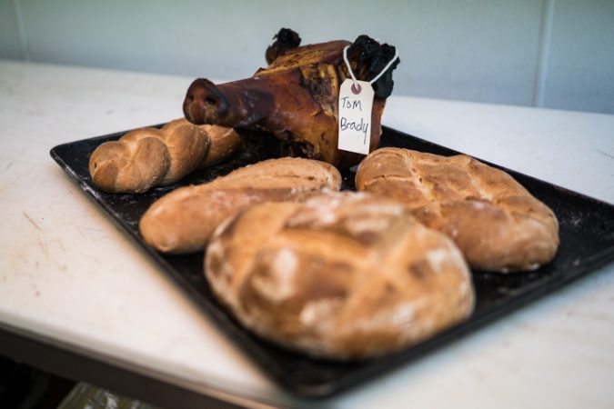 A pig’s head named Tom Brady is displayed at Esposito’s Porchetta in South Philadelphia before the Super Bowl on January 4, 2018.
