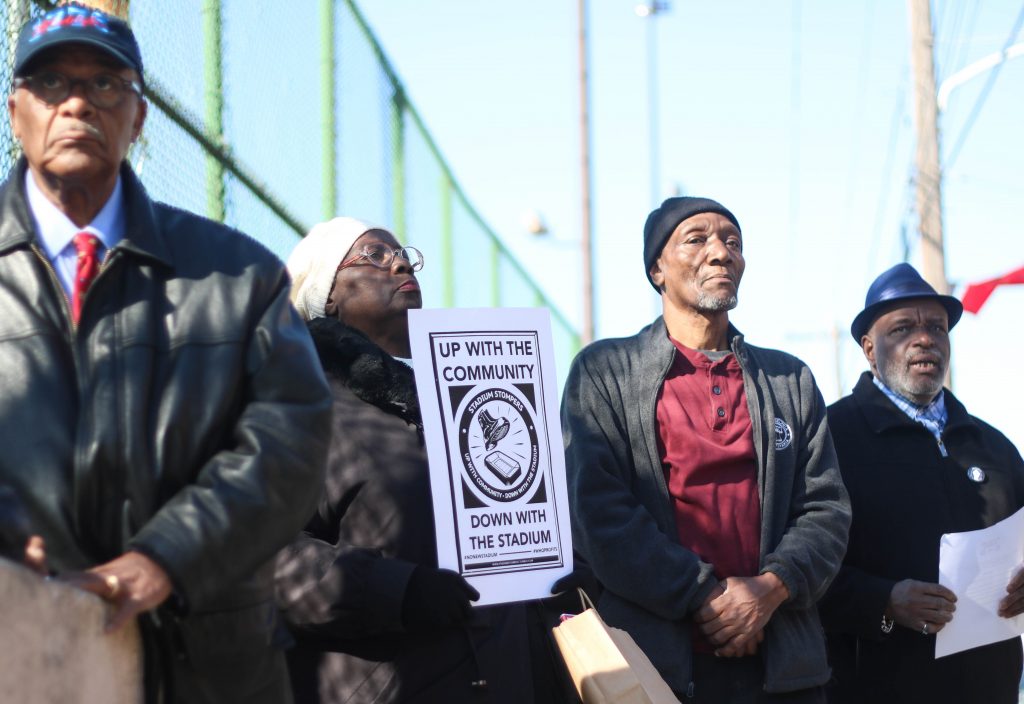 HYYAGstadiumstompersx1200 Residents protest against the planned Temple University stadium during a rally this week. (Angela Gervasi/for WHYY)
