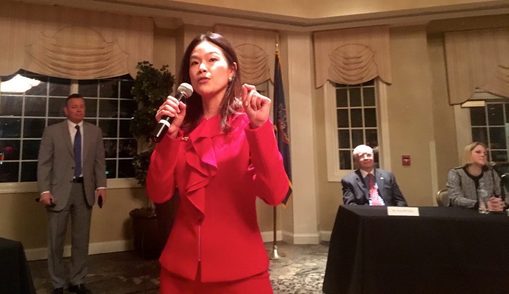 IMG_1745 Pearl Kim is one of seven Republican candidates seeking to replace U.S. Rep. Pat Meehan in Pennsylvania's 7th congressional district.
(Dave Davies/WHYY)