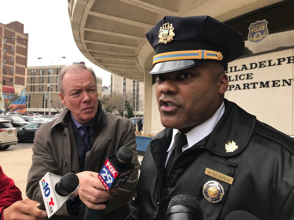 IMG_1857 Capt. Sekou Kinebrew, a police spokesman, talks with reporters outside of the Philadelphia Police Department's headquarters about a student who brought a loaded handgun to Fels High School Monday morning.