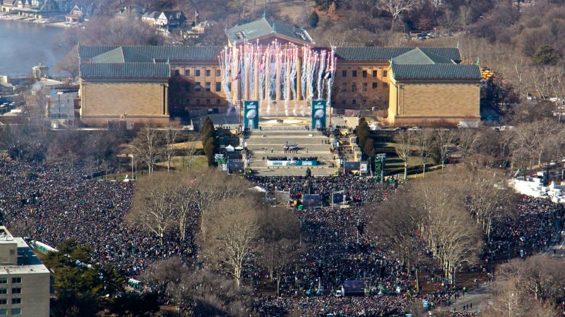 Fireworks punctuate the National Anthem at the Eagles Super Bowl celebration. (Emma Lee/WHYY)