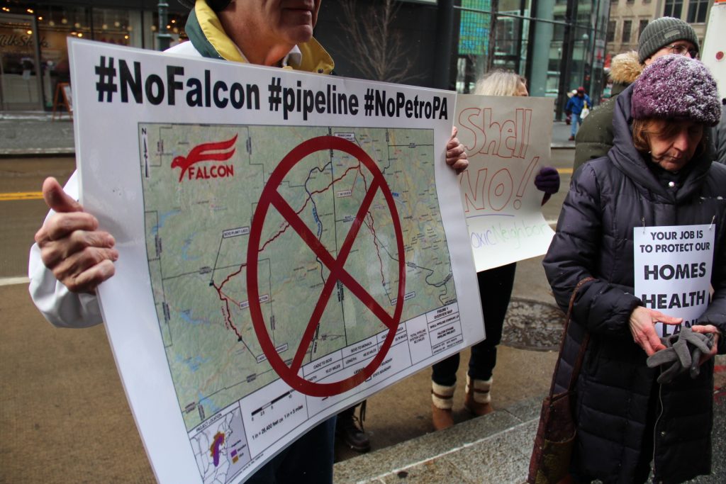 Environmental groups at a rally against Shell's Beaver County petrochemical complex in Pittsburgh. (Reid Frazier/StateImpact Pennsylvania)