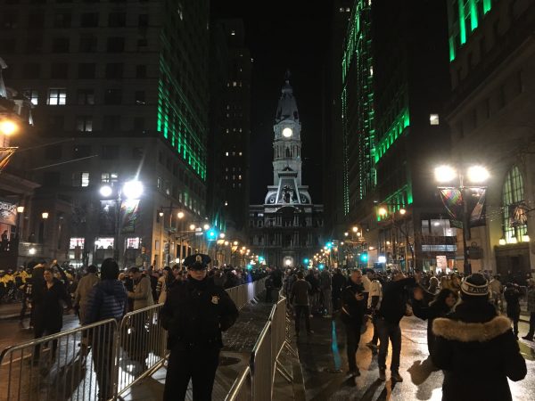 Eagles fans take to Broad Street following the team's Super Bowl win. (Kimberly Paynter/WHYY)