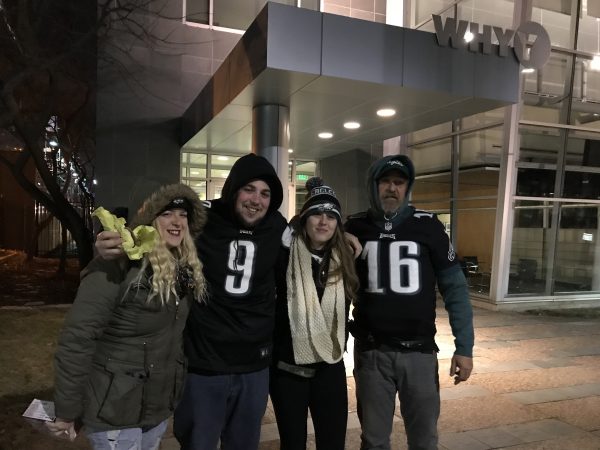Eagles fans on their way to the Super Bowl parade route bright and early Thursday morning.