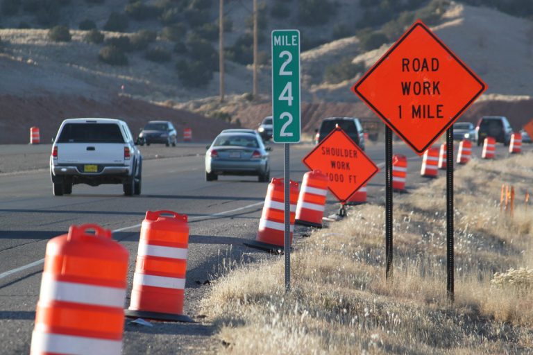 Traffic heads toward a construction zone along Interstate 25 in Bernalillo, N.M.