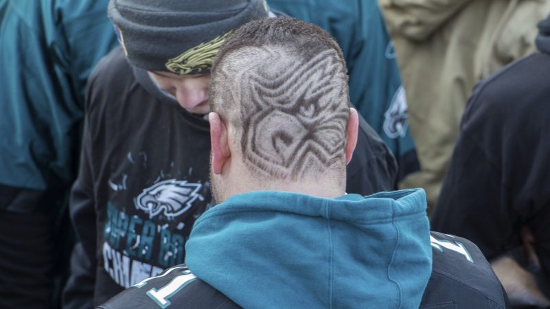 Dominic Dacciaro sports an haircut with the Eagles logo. (Jonathan Wilson for WHYY)