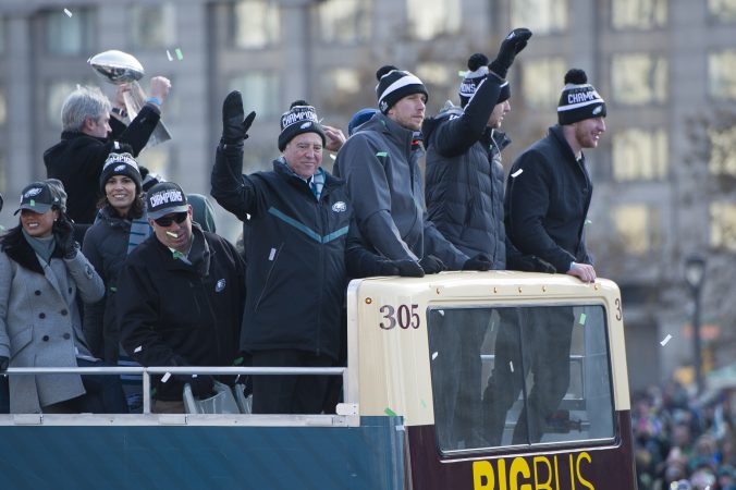 From left Eagles owner Jeff Lurie, quarterback, Nick Foles, backup quarterback Nate Sudfeld, and quarterback Carson Wentz.(Jonathan Wilson for WHYY)