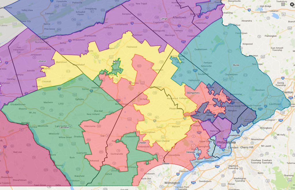 SE_PA_congressional_districts Congressional districts in Southeastern Pennsylvania as they were adopted in 2011 and then ruled unconstitutional by the Pa. Supreme Court in January 2018. (Google Maps)