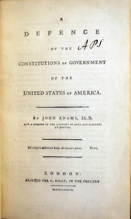 The title page of a book by John Adams that Philadelphia's American Philosophical Society will offer on loan to the American Academy of Arts and Sciences in Cambridge as part of a Super Bowl bet between the organizations (American Philosophical Society)