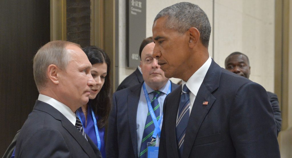 Russian President Vladimir Putin speaks with then-President Barack Obama in Hangzhou, China, on Sept. 5, 2016. Obama’s warnings about active measures went unheeded. Russian President Vladimir Putin speaks with then-President Barack Obama in Hangzhou, China, on Sept. 5, 2016. Obama's warnings about active measures went unheeded.
(Alexei Druzhinin/AP)