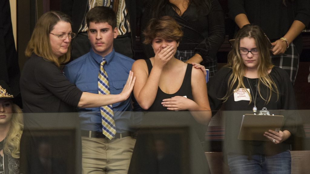 High school students from Parkland, Fla., where a young man gunned down 17 people, react as the state’s House of Representatives voted not to hear a bill banning assault rifles. High school students from Parkland, Fla., where a young man gunned down 17 people, react as the state's House of Representatives voted not to hear a bill banning assault rifles. (Mark Wallheiser/AP)