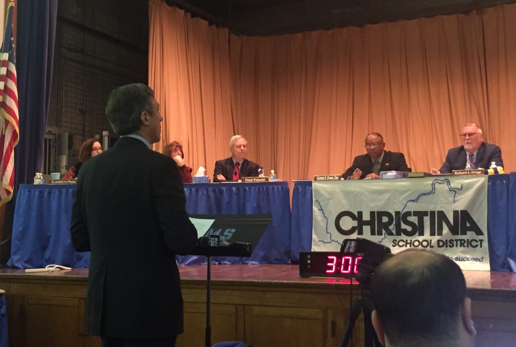 carney at chr meeting Delaware Gov. John Carney addresses the Christina School District board.