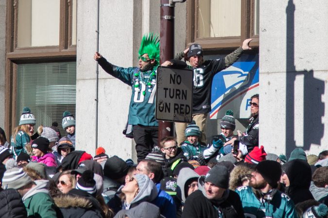 Over a million fans flocked to Center City and stood in the freezing temperatures to cheer on their winning Eagles for the Super Bowl Champions parade in Philadelphia February 8th 2018. (Emily Cohen for WHYY)