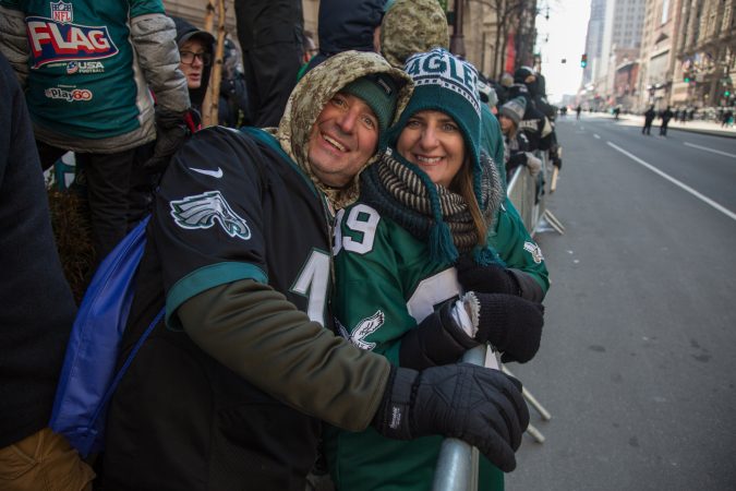 Siblings Maureen Mastropirtro and Pat Gallagher came in from FIshtown to cheer on their winning Eagles for the Super Bowl Champions parade in Philadelphia February 8th 2018. (Emily Cohen for WHYY)