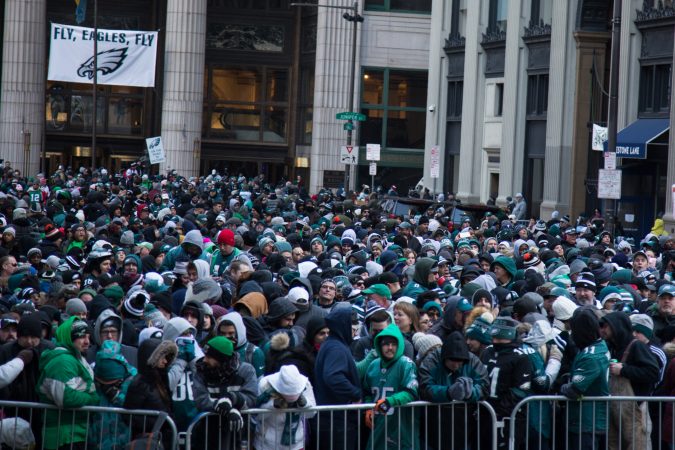 Over a million fans flocked to Center City and stood in the freezing temperatures to cheer on their winning Eagles for the Super Bowl Champions parade in Philadelphia February 8th 2018. (Emily Cohen for WHYY)