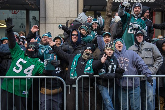 Over a million fans flocked to Center City and stood in the freezing temperatures to cheer on their winning Eagles for the Super Bowl Champions parade in Philadelphia February 8, 2018. (Emily Cohen for WHYY)