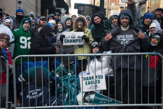 Over a million fans flocked to Center City and stood in the freezing temperatures to cheer on their winning Eagles for the Super Bowl Champions parade in Philadelphia February 8th 2018. (Emily Cohen for WHYY)