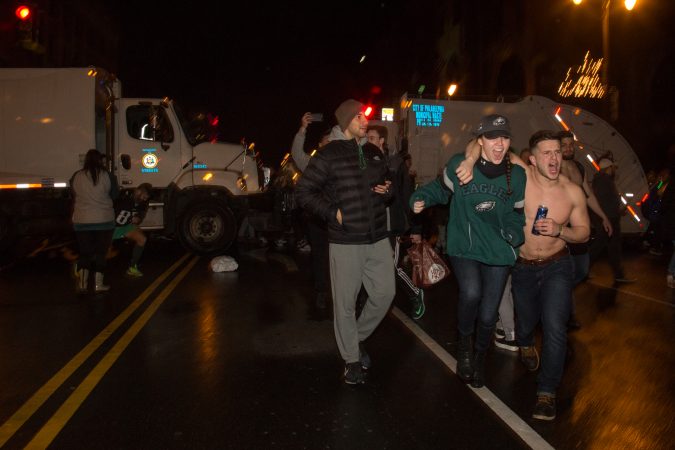 Fans celebrate in the streets of Philadelphia after the Eagles win the Super Bowl, February 4th 2018.