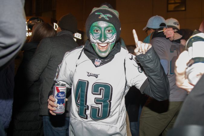 Fans celebrate in the streets of Philadelphia after the Eagles win the Super Bowl, February 4th 2018.