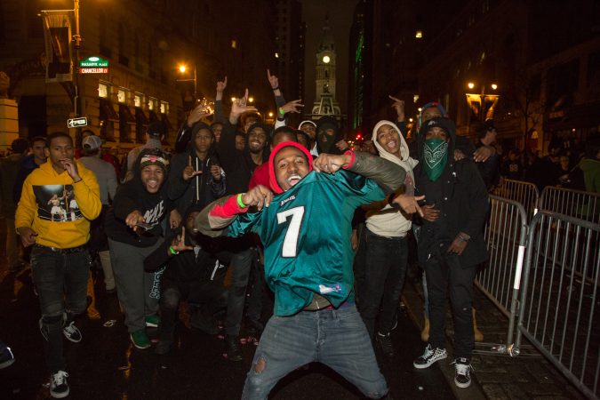 Fans celebrate in the streets of Philadelphia after the Eagles win the Super Bowl, February 4th 2018.