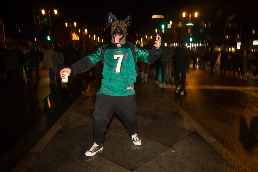 Fans celebrate in the streets of Philadelphia after the Eagles win the Super Bowl, February 4th 2018.