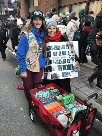 From left: Danielle and Patty Gioffre have sold about 300 boxes of Girl Scout cookies today.