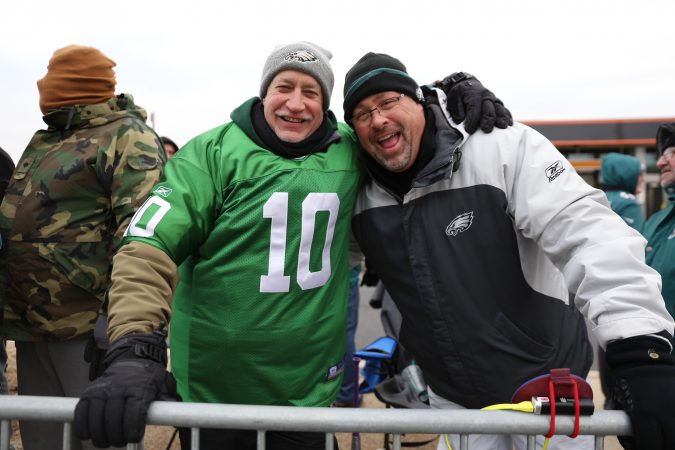 Robbie Stephens and Chris Bauer await the Eagles Super Bowl Championship parade