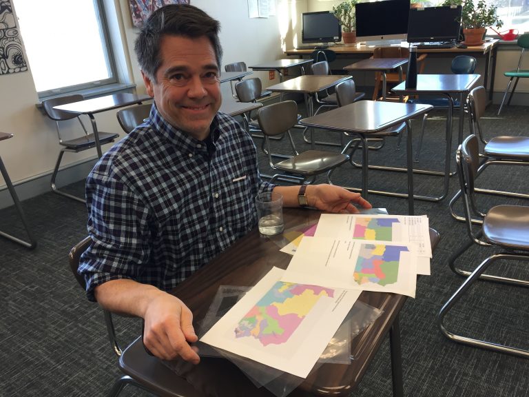 Teacher Jon Kimmel in his classroom at Westtown School in Chester County, Pa. (Avi Wolfman-Arent/WHYY)