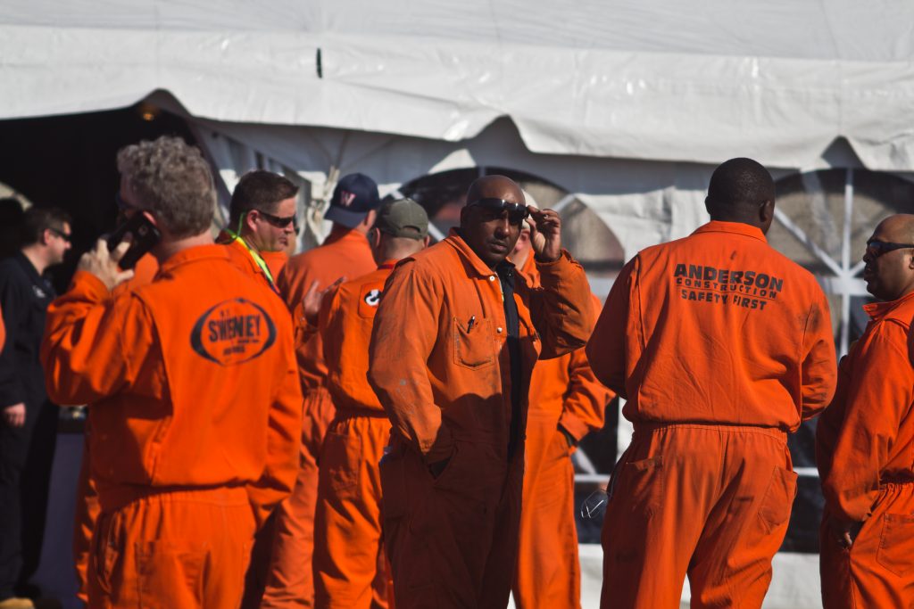 Refinery workers at Philadelphia Energy Solutions. (Kimberly Paynter/WHYY) Refinery workers at Philadelphia Energy Solutions wait to hear Republican Senator Ted Cruz speak at a rally against the Renewable Fuel Standards. The company blames the program for its financial troubles in a recent bankruptcy filing.(Kimberly Paynter/WHYY)
