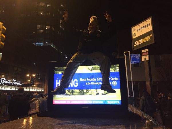 Philadelphians hit the streets following the Eagles' Super Bowl win Sunday evening. (Avi Wolfman-Arent/WHYY)