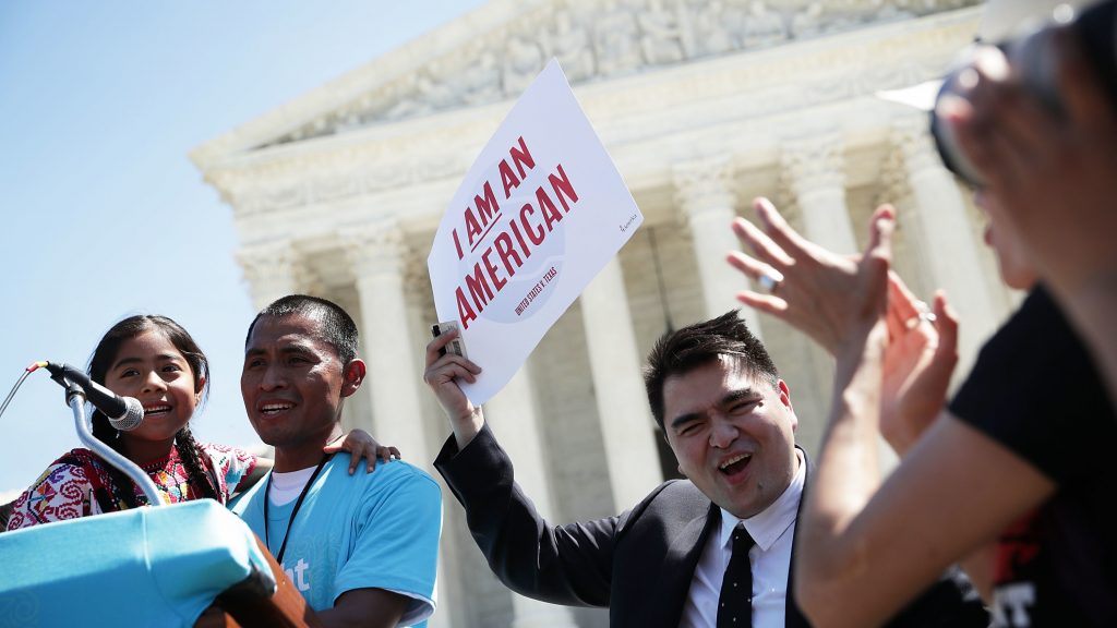 Six-year-old Sophie Cruz speaks during a rally in front of the Supreme Court next to her father Raul Cruz and supporter Jose Antonio Vargas in 2016. Six-year-old Sophie Cruz speaks during a rally in front of the Supreme Court next to her father Raul Cruz and supporter Jose Antonio Vargas in 2016.