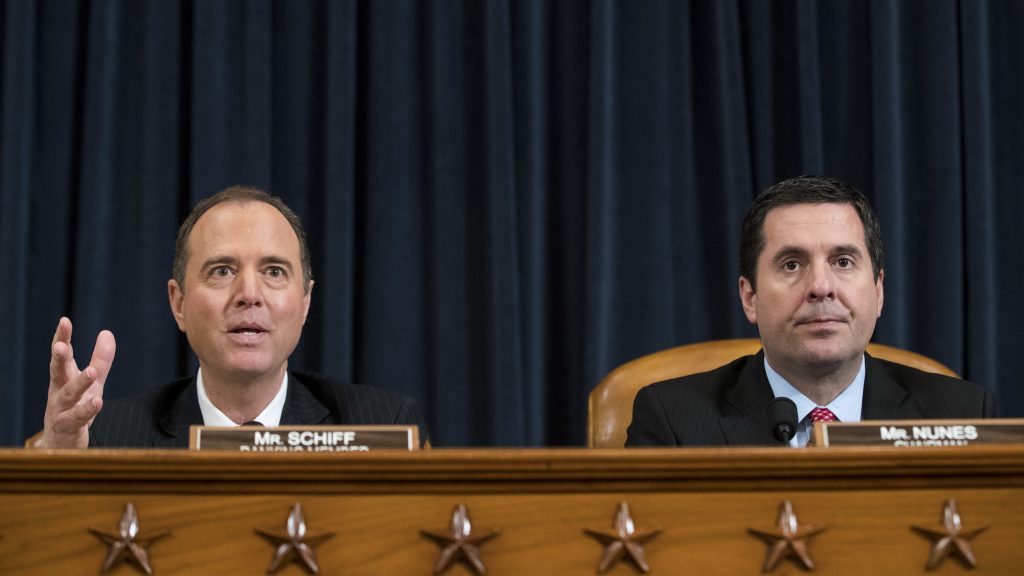 Ranking member Rep. Adam Schiff, D-Calif., questions witnesses as chairman Rep. Devin Nunes, R-Calif., looks on during a House Permanent Select Committee on Intelligence hearing concerning Russian interference in the 2016 presidential election, on Capitol Hill, on March 20, 2017. Ranking member Rep. Adam Schiff, D-Calif., questions witnesses as chairman Rep. Devin Nunes, R-Calif., looks on during a House Permanent Select Committee on Intelligence hearing concerning Russian interference in the 2016 presidential election, on Capitol Hill, on March 20, 2017.
