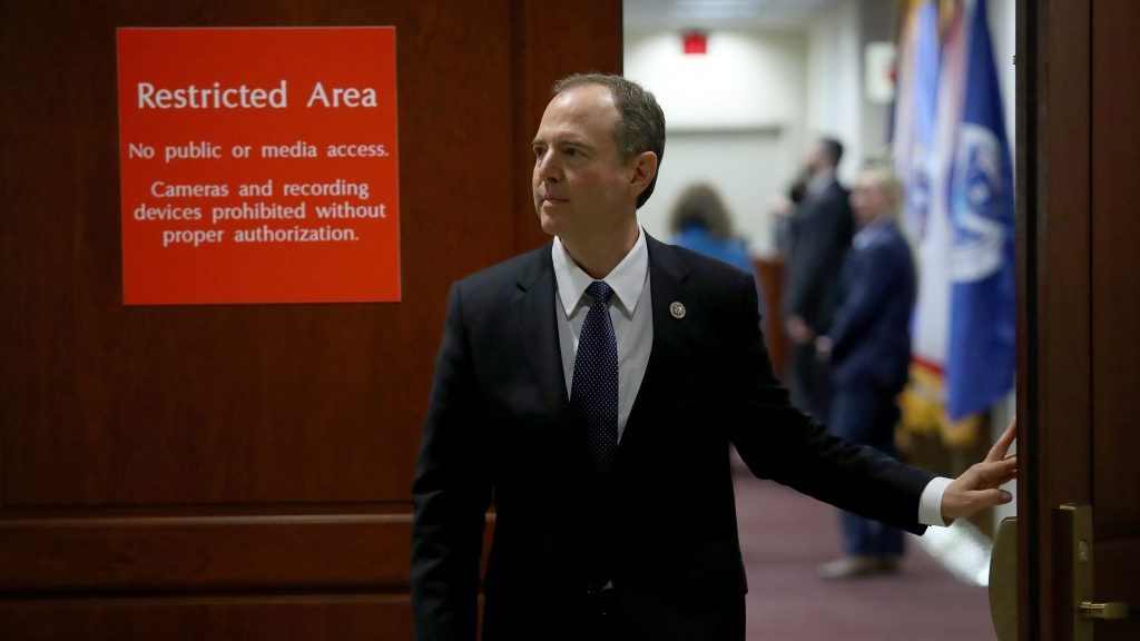 Rep. Adam Schiff, D-Calif., the top Democrat on the House intelligence committee, leaves a committee meeting at the U.S. Capitol Feb. 5, 2018 in Washington, DC. On Feb. 25, Schiff released a memo responding to a previous Republican memo about the investigation of President Trump’s 2016 campaign. Rep. Adam Schiff, D-Calif., the top Democrat on the House intelligence committee, leaves a committee meeting at the U.S. Capitol Feb. 5, 2018 in Washington, DC. On Feb. 25, Schiff released a memo responding to a previous Republican memo about the investigation of President Trump's 2016 campaign.