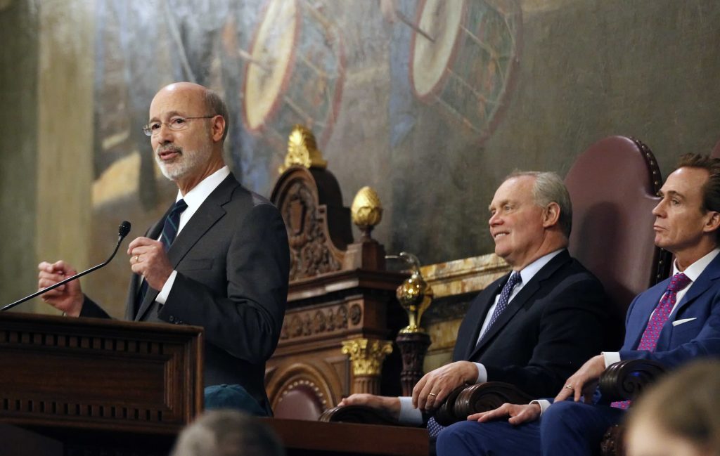 Pennsylvania Budget Gov. Tom Wolf, left, gives his budget address at the state Capitol in Harrisburg, Pa., on Tuesday, Feb. 6, 2018. (AP Photo/Chris Knight)
