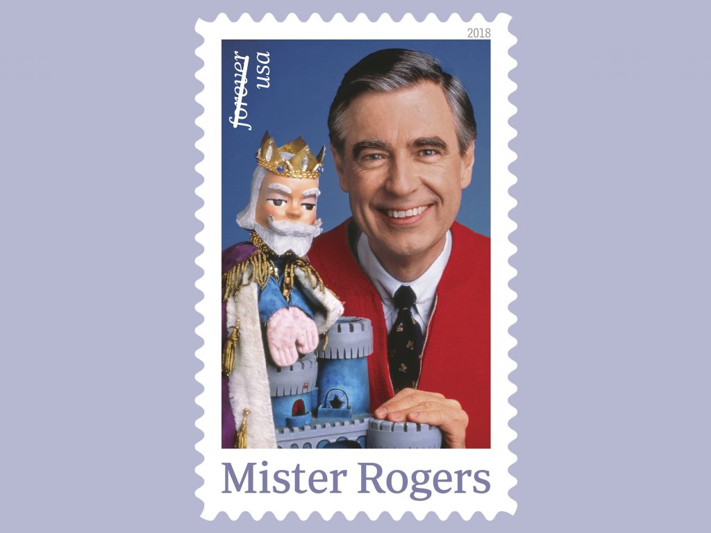 The U.S. Postal Service plans a March release of this postage stamp featuring Fred Rogers and his King Friday XIII puppet from the PBS children’s television series Mister Rogers’ Neighborhood. A forthcoming postage stamp featuring Fred Rogers from the PBS children's television series