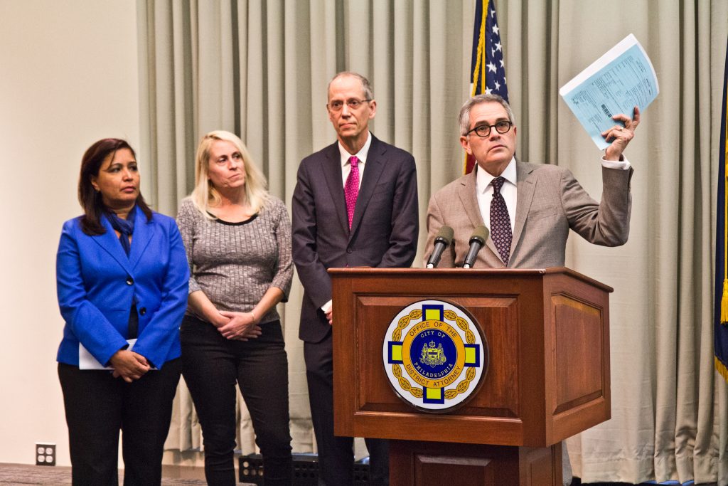 pharmalawsuit (From right) Philadelphia District Attorney Larry Krasner, Philadelphia Department of Health commissioner Dr. Tom Farley, AIM’s Carol Rostucher, and 7th District City Councilwoman Maria Quiñones-Sanchez. (Kimberly Paynter/WHYY)