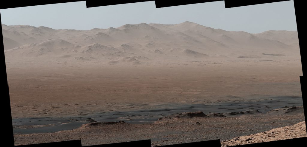 NASA’s Mars rover Curiosity took photos from the Vera Rubin Ridge showing the interior and rim of Gale Crater. The full image features 16 photos stitched together. NASA's Mars rover Curiosity took photos from the Vera Rubin Ridge showing the interior and rim of Gale Crater. The full image features 16 photos stitched together.
(NASA/JPL-Caltech/MSSS)