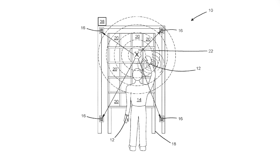 A diagram from an Amazon patent application shows a human worker (labeled with “14”) wearing an ultrasonic bracelet tracking his or her hand movements and providing feedback. The patent was granted on Tuesday. A diagram from an Amazon patent application shows a human worker (labeled with