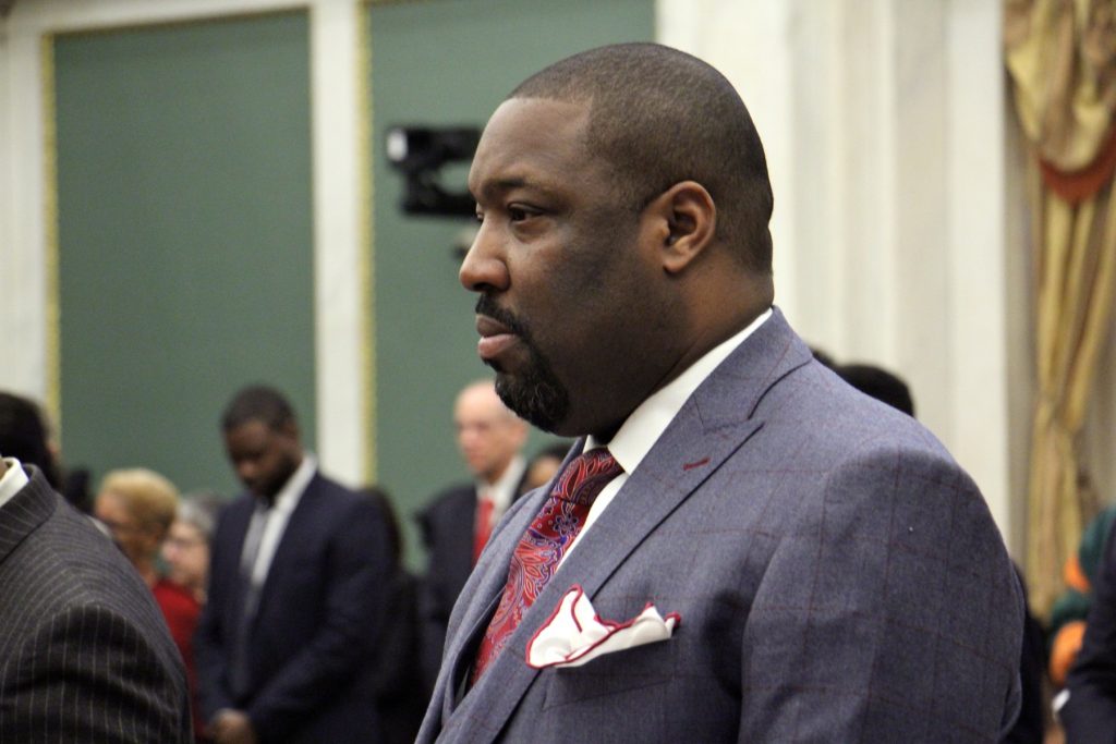 2018 03 01-e lee-kenyatta johnson-philadelphia city hall-city council City Councilmember Kenyatta Johnson is shown from the side, profile visible, in this file photo from 2018.