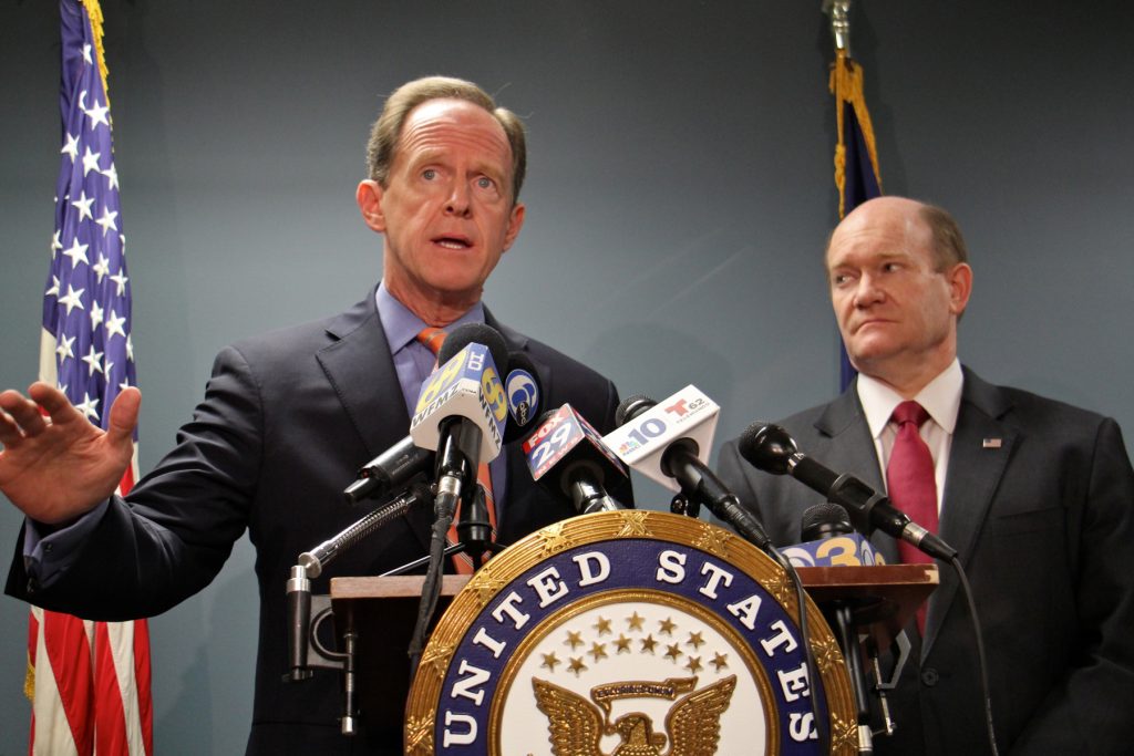 2018 03 05-e lee-pat toomey chris coons-philadelphia-gun legislation U.S. Senators Pat Toomey and Chris Coons announce their gun legislation in Philadelphia, March 5, 2018. (Emma Lee/WHYY)