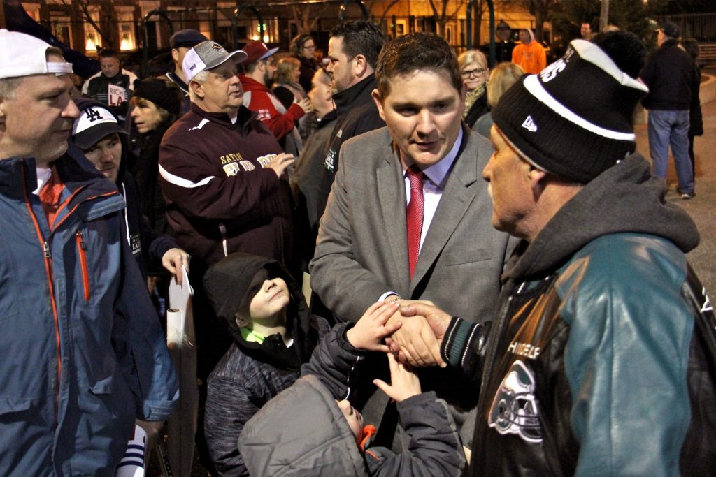 2018 03 05-e lee-rich lazer-philadelphia burke playground-run for congress Former Deputy Mayor Rich Lazer (second from right) launches his congressional race at a South Philadelphia playground.