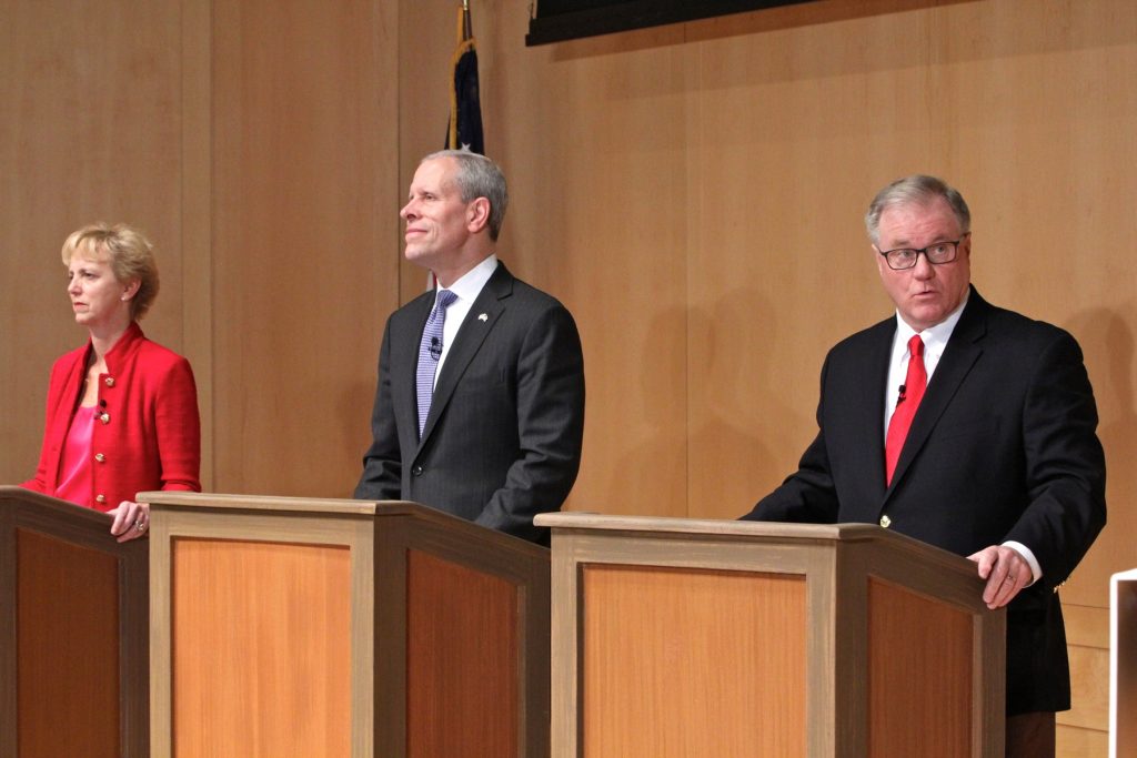 2018 03 06-e lee-laura ellsworth paul mango scott wagner-philadelphia constitution center-republican governor debate Republican candidates for governor of Pennsylvania (from left), Laura Ellsworth, Paul Mango, and Scott Wagner, participates in a debate at the National Constitution Center. (Emma Lee/WHYY)