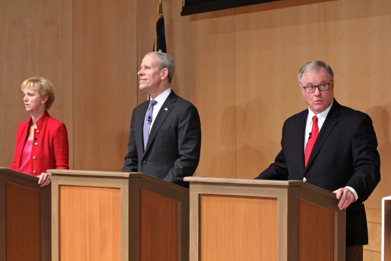 Republican candidates for governor of Pennsylvania (from left), Laura Ellsworth, Paul Mango, and Scott Wagner, participates in a debate at the National Constitution Center. (Emma Lee/WHYY)