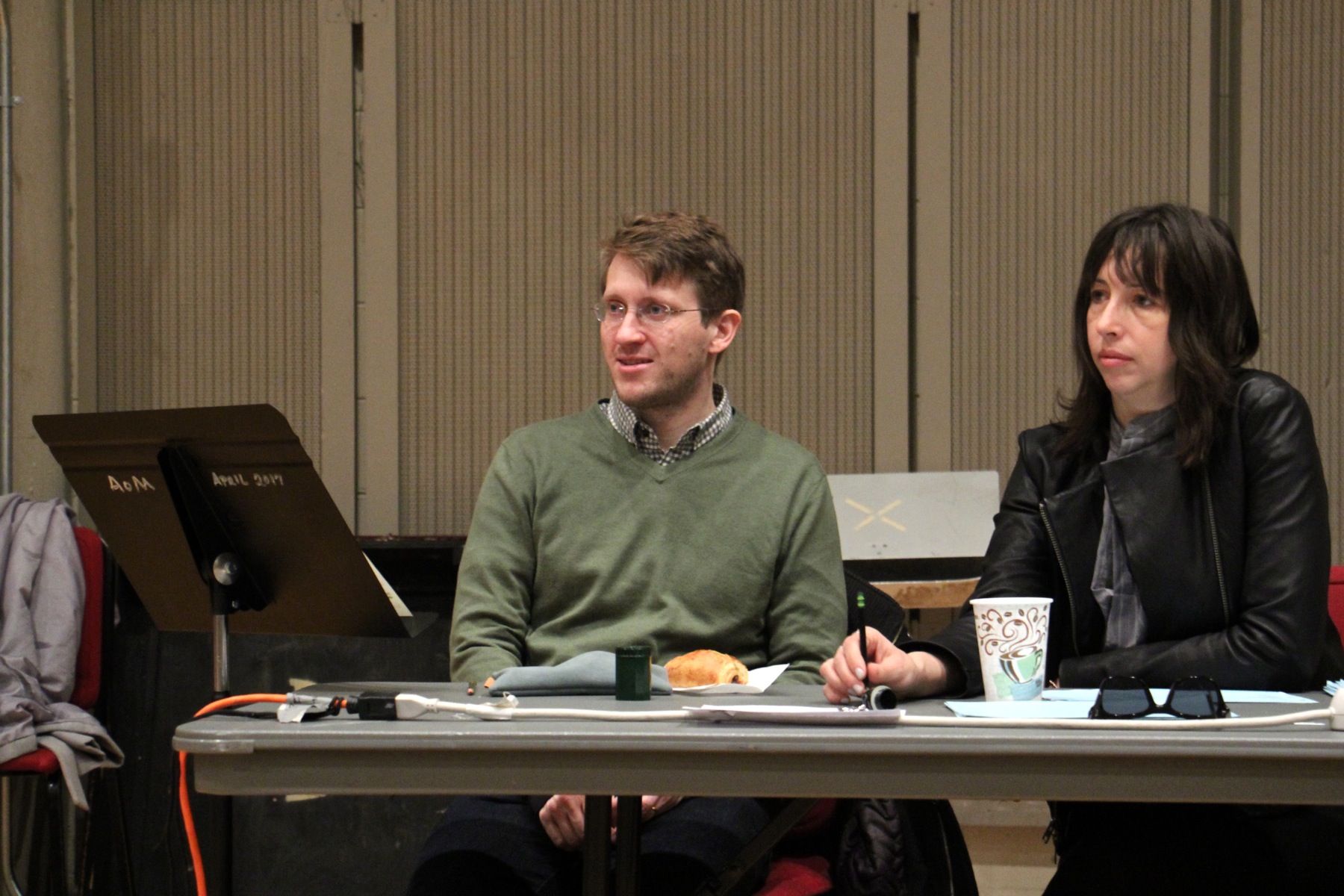 Composer Lembit Beecher and director Joanna Settle watch a workshop of the new opera "Sky on Swings."