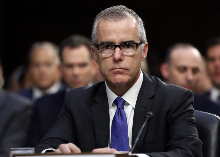 In this June 7, 2017 file photo, acting FBI Director Andrew McCabe appears before a Senate Intelligence Committee hearing about the Foreign Intelligence Surveillance Act on Capitol Hill in Washington. Attorney General Jeff Sessions said Friday, March 16, 2018, that he has fired former FBI Deputy Director McCabe, a longtime and frequent target of President Donald Trump's anger, just two days before his scheduled retirement date. (Alex Brandon/AP Photo, File)