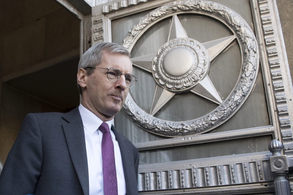 Laurie Bristow British ambassador to Russia, Laurie Bristow, leaves after a meeting at the Russian foreign ministry building in Moscow, Russia, Saturday, March 17, 2018. Russia's Foreign Ministry has summoned Bristow for talks in a heightening dispute over a nerve agent attack on a former spy in Britain. Russia is expected to announce the expulsion of some British diplomats in a retaliatory measure. (Pavel Golovkin/AP Photo)