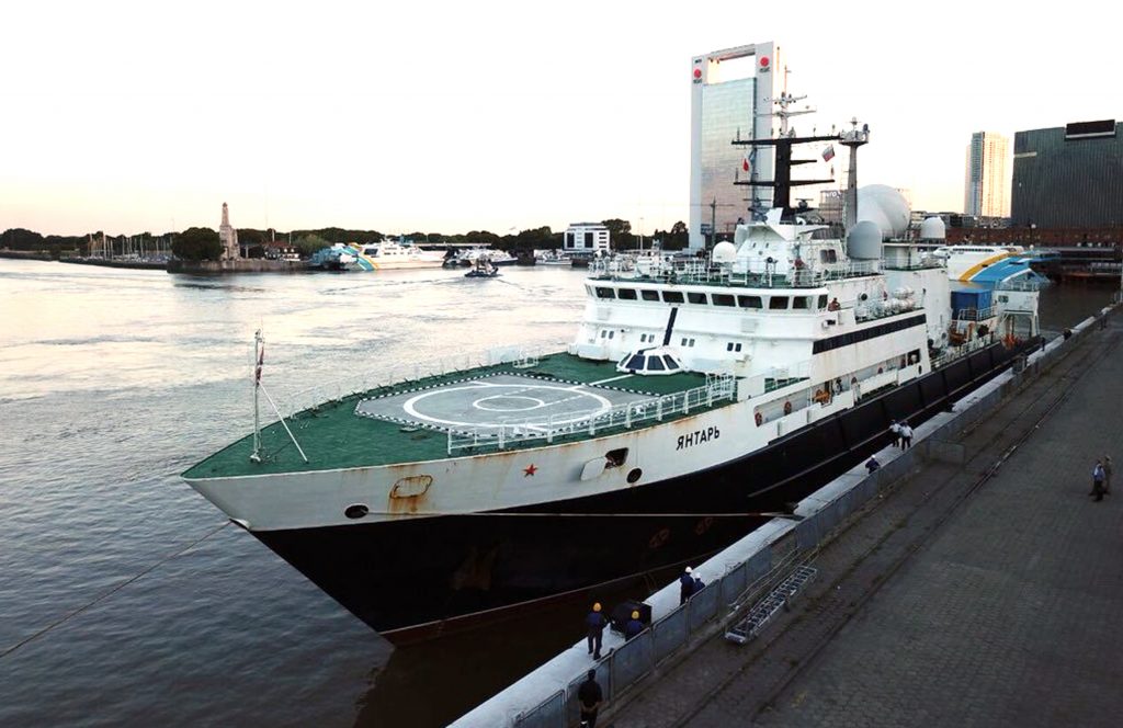 In this 2018 photo provided by Gonzalo Mórtola, the Russian research vessel Yantar is shown docked in Buenos Aires, Argentina.  Russian ships are skulking around underwater communications cables, worrying the U.S. and its allies the Kremlin might be taking information warfare to new depths. (Gonzalo Mórtola via AP)